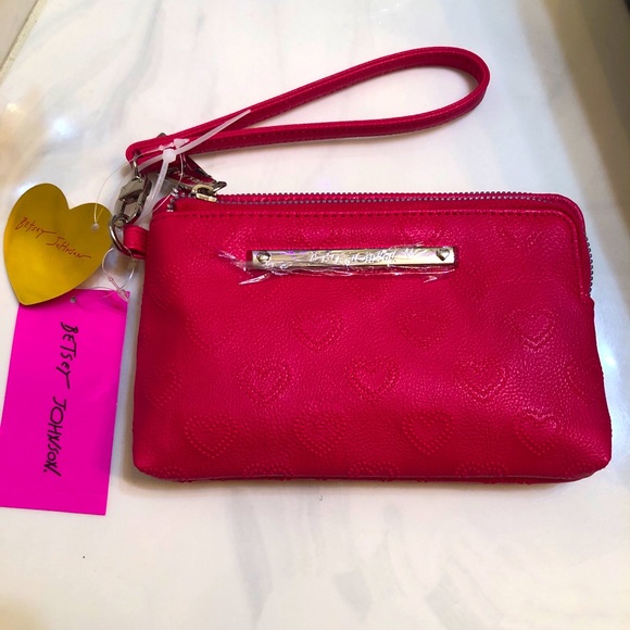 Betsey Johnson Red Faux Leather Double Zip Wristlet Embossed Heart Print NWT - Picture 10 of 10